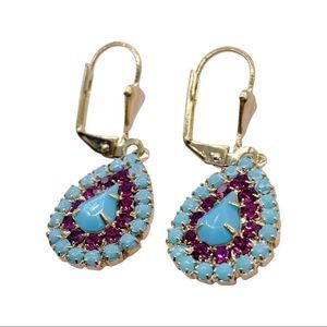 18k Gold Filled Blue Magenta Stones Dangling Earrings